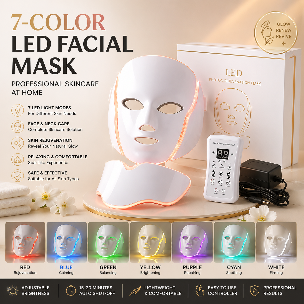 7-Color LED Facial Mask – Photon Light Therapy Face & Neck Skincare Device