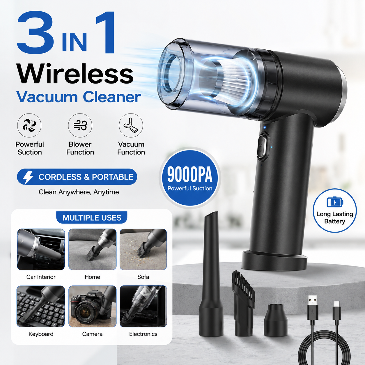 3-in-1 Wireless Handheld Vacuum Cleaner | Portable Cordless Car & Home Cleaner
