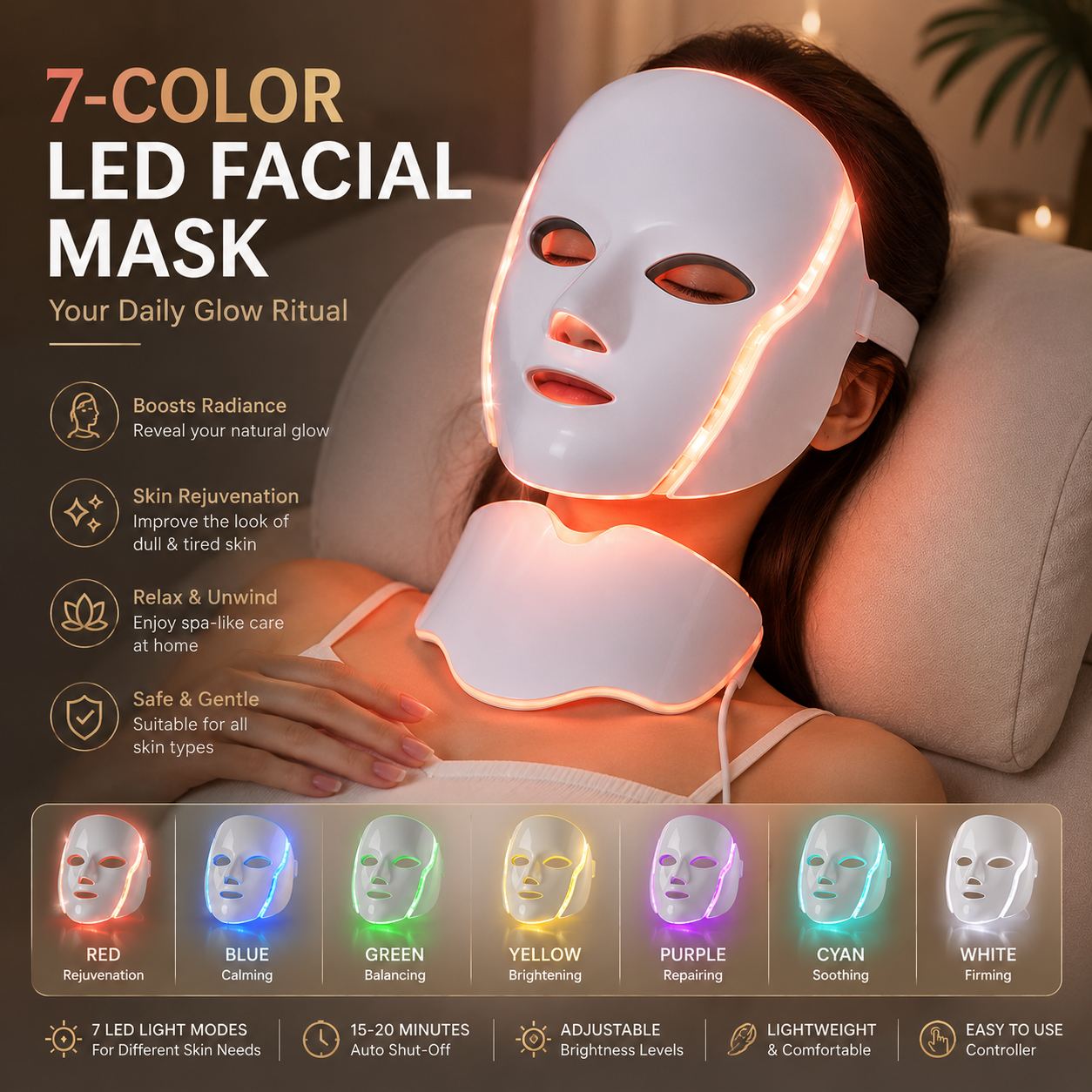 7-Color LED Facial Mask – Photon Light Therapy Face & Neck Skincare Device